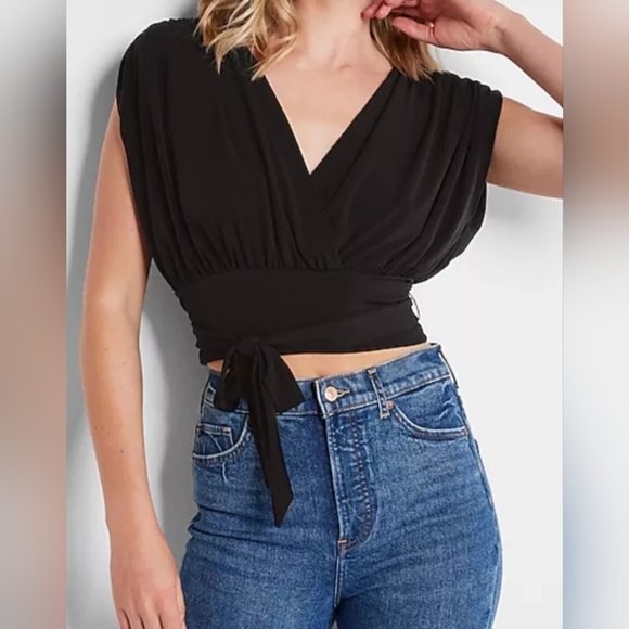 Express Smooth Matte Draped Front Tie Waist, Split Open Back Top, Lime Size XS - Picture 8 of 10